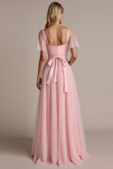 Candy Pink A Line Bridesmaid Dress with Short Sleeves